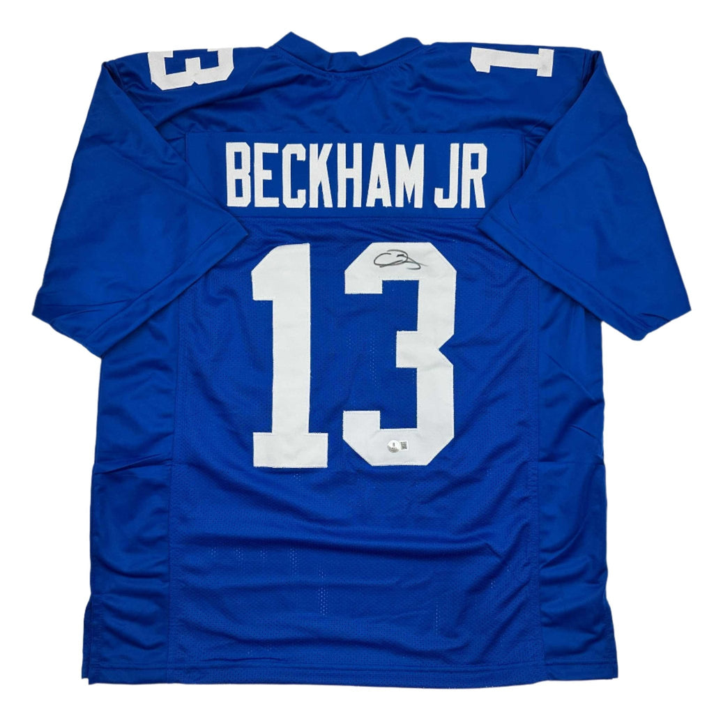 Autographed/Signed Odell Beckham Jr. New York Blue Football Jersey Beckett BAS COA