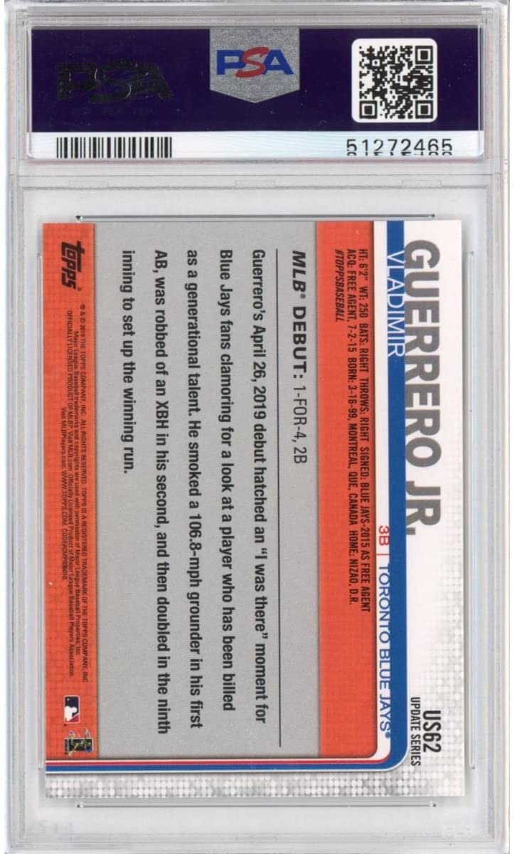 Graded 2019 Topps Update Vladimir Vlad Guerrero Jr. #US62 Rookie RC Baseball Card PSA 10 Gem Mint