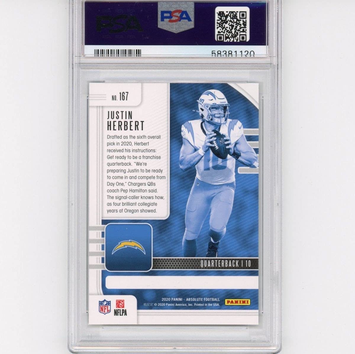 Graded 2020 Panini Absolute Justin Herbert #167 Rookie RC Football Card PSA 10 Gem Mint