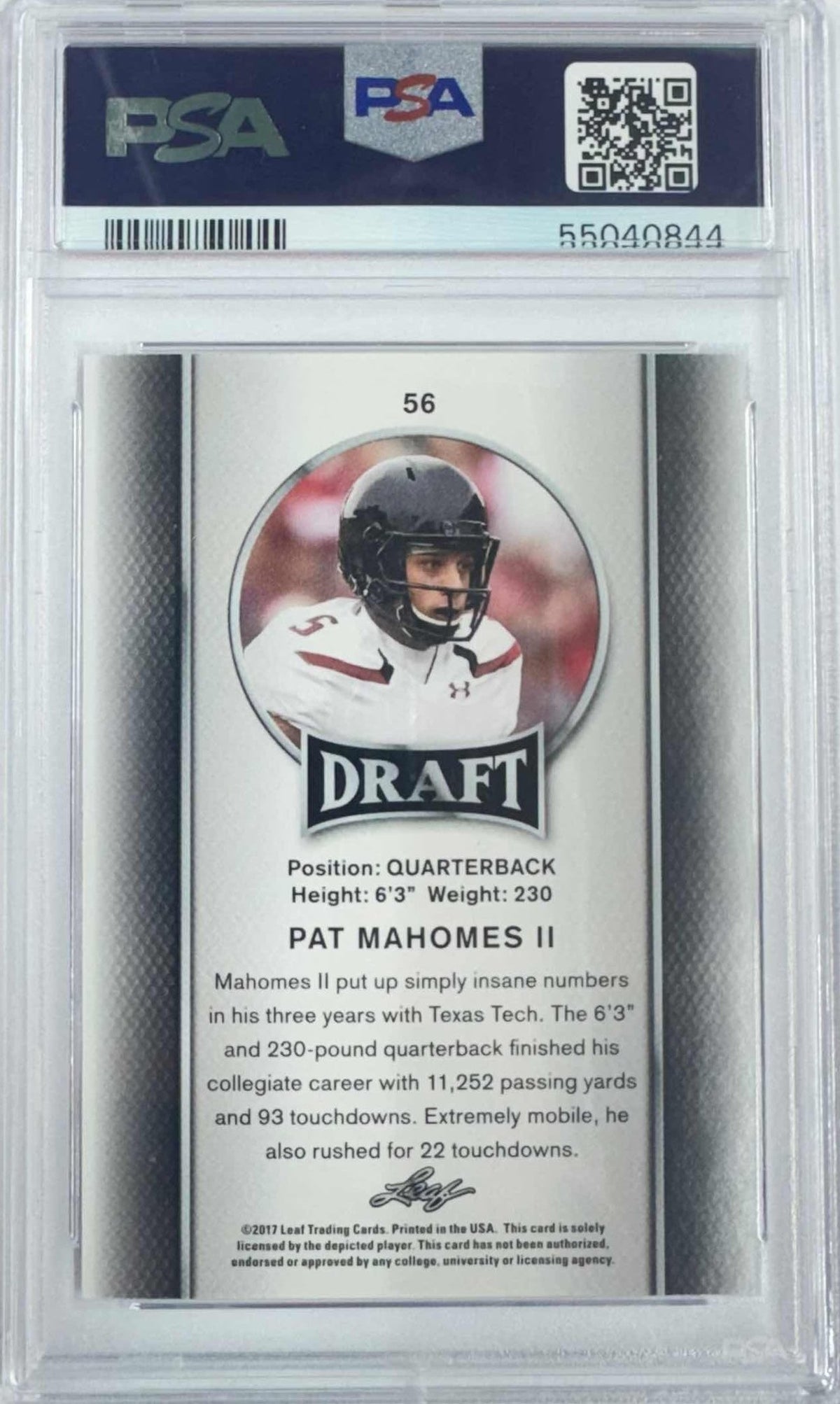 Graded 2017 Leaf Draft Patrick Mahomes II #56 Rookie RC Football Card PSA 10 Gem Mint
