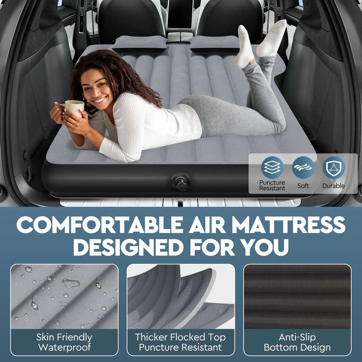 Tesla Model Y Mattress: Inflatable Camping Bed Air Mattress for Model Y, Thickened Travel SUV Sleeping Pad with Car Air Pump 2 Pillows,Navy
