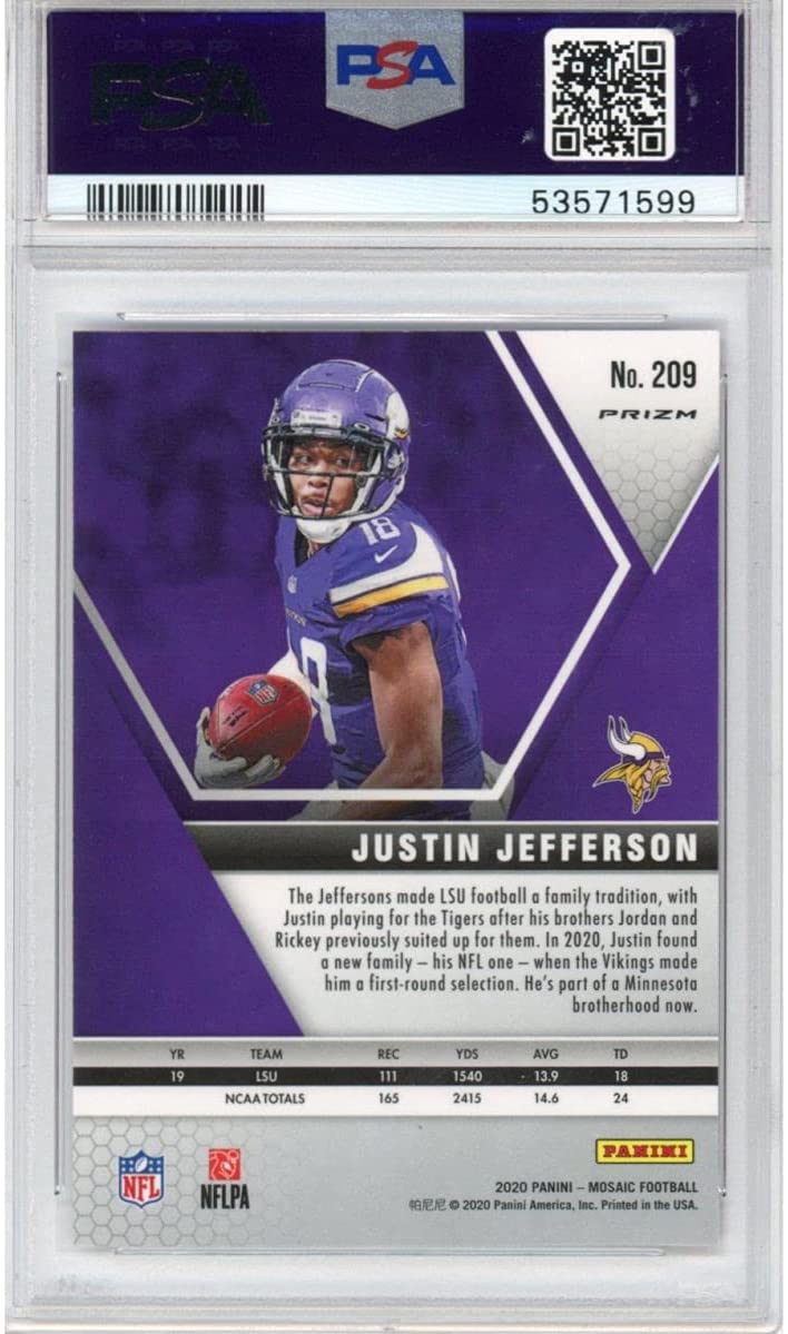 Graded 2020 Panini Mosaic Justin Jefferson #209 Camo Pink Rookie RC Football Card PSA 10 Gem Mint