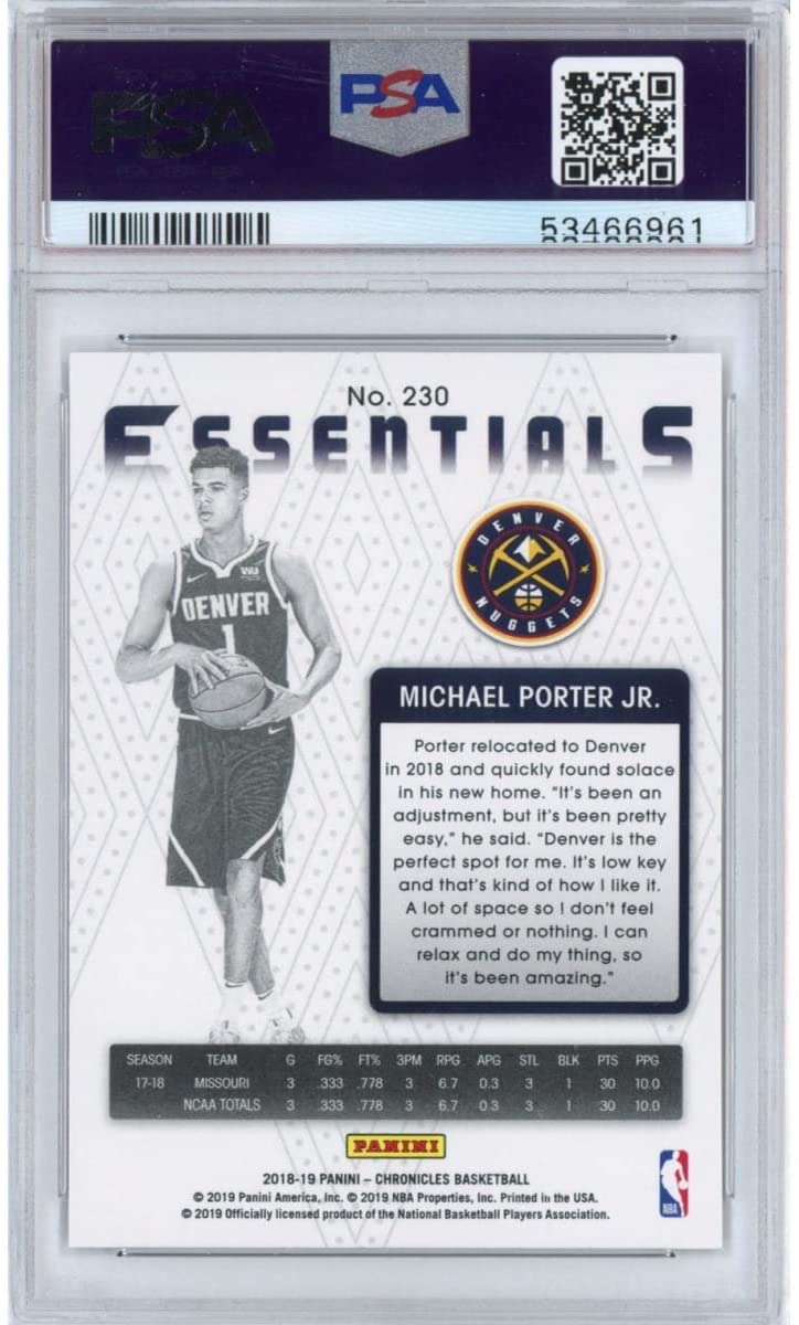 Graded 2018-19 Panini Chronicles Michael Porter Jr. #230 Rookie RC Basketball Card PSA 10 Gem Mint