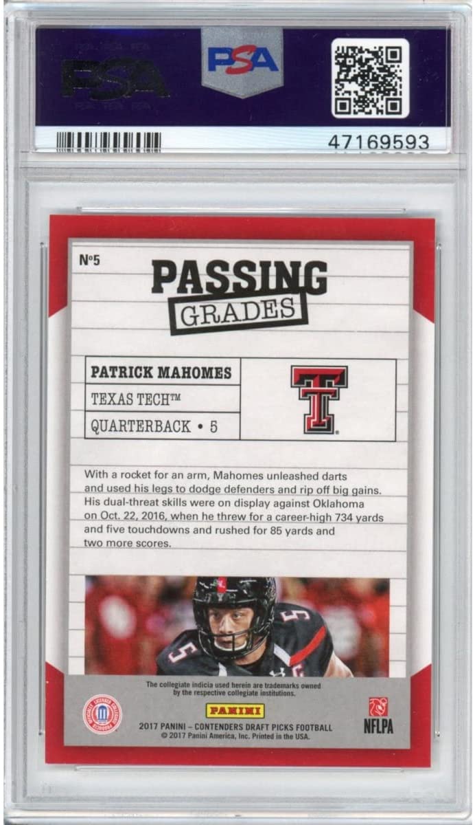 Graded 2017 Panini Contenders Draft Picks DP Patrick Mahomes II #5 Passing Grades Rookie RC Football Card PSA 10 Gem Mint