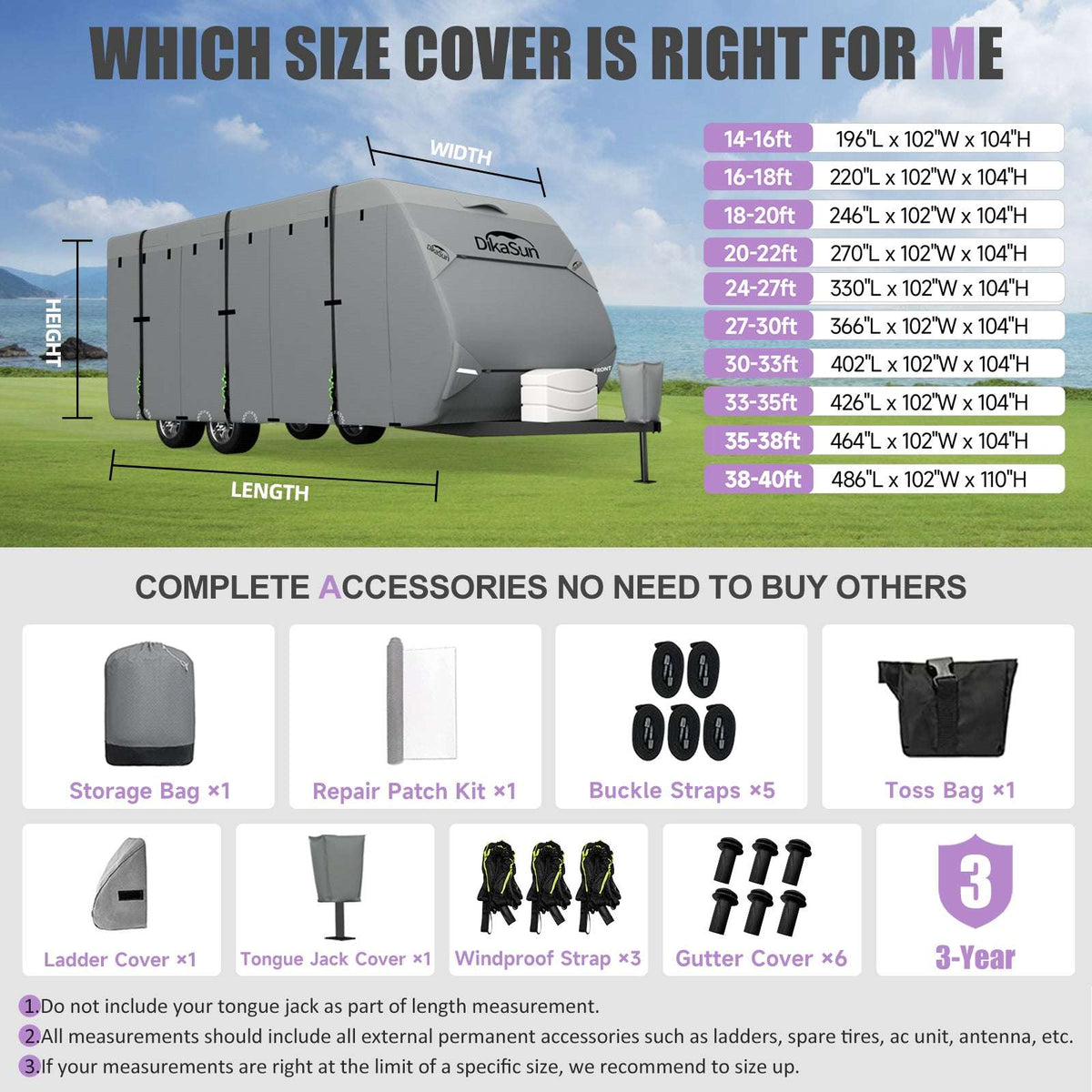 DikaSun 7 Layers Top Travel Trailer RV Cover Windproof Waterproof UV Protection